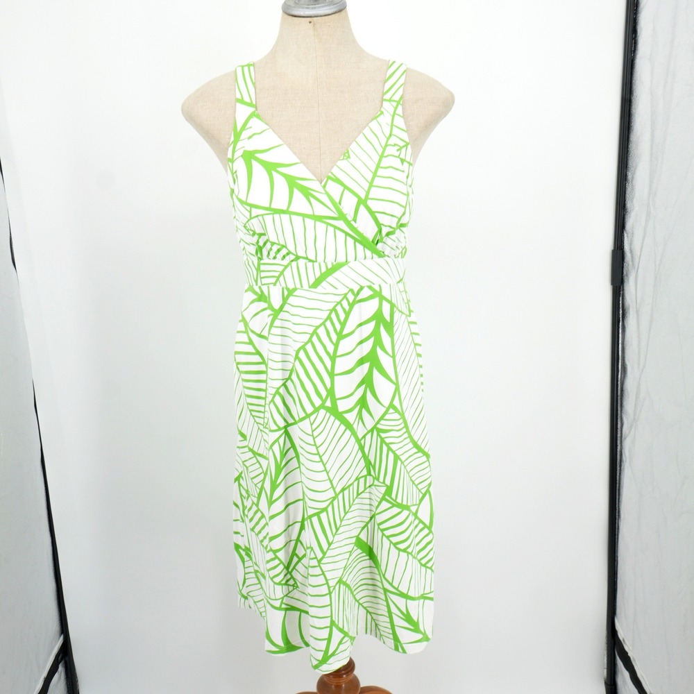 J.McLaughlin Leaf Print Dress Womens S Green White V-Neck Tropical Resort A-Line